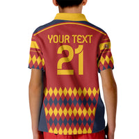 Kids red Spain soccer polo, yellow back number 21, diamond pattern, YOUR TEXT print
