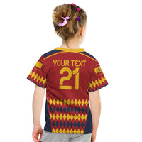 Kids red soccer T-shirt back with YOUR TEXT and number 21, diamond pattern, navy hem