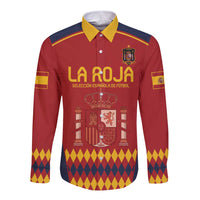 Red long-sleeve football button shirt with yellow collar and front crest graphic