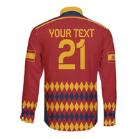 Red long-sleeve football shirt back with yellow collar, "YOUR TEXT" and number 21