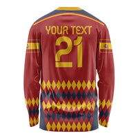 Back of Spain football long sleeve shirt, red with gold trim, '21' and 'YOUR TEXT'