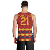 Men's red Spain football tank top, back view with 'YOUR TEXT' and '21' number