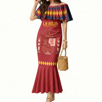 Women's red mermaid football dress, patterned yoke and Spain crest graphic