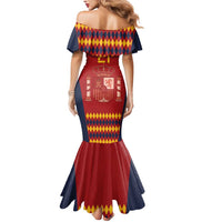 Women’s mermaid maxi dress with off-shoulder ruffle and Spain crest print, red