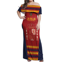Red off-shoulder maxi dress with Spain crest graphic, LA ROJA text, diamond trim hem