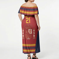 Red off-shoulder maxi dress, back view, 21 number print with Spain crest and diamond trim