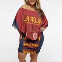 Women’s off-shoulder short dress in red with La Roja crown graphic and diamond pattern hem
