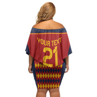 Women’s off-shoulder short dress, red cape sleeves with yellow '2' graphic and diamond hem