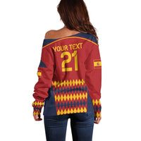 Red off-shoulder sweater with blue shoulders, 'YOUR TEXT' and yellow '21' diamond print