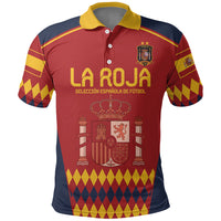 Red football polo shirt with yellow collar, buttons, Spain crest and La Roja lettering