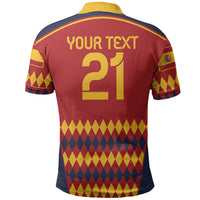 Red football polo shirt back with yellow collar, custom text and number 21, diamond pattern