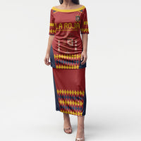 Red football-style long dress with yellow neck trim and diamond pattern hem
