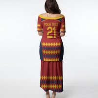 Red football-style long dress, back print with 'YOUR TEXT' and number 21