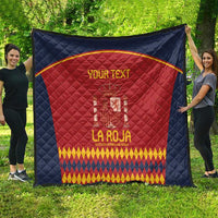 Spain-themed blue and red quilt with crest, yellow-gold border and patterned bottom