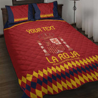 Red Spain football quilt bed set with navy pillows and yellow patterned trim