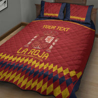 Red Spain football quilt bed set with navy pillows, yellow graphic border, and crest