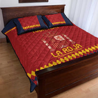 Red Spain football quilt bed set with navy pillows and yellow-red geometric edge