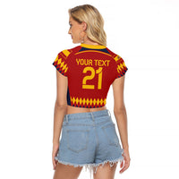 Red cropped raglan football T-shirt back graphic with large 21 and yellow trim, crew neck
