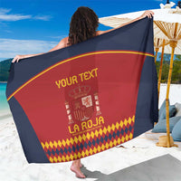 Spain football sarong with large La Roja crest, red center and navy border, YOUR TEXT