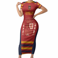 Red long bodycon short-sleeve dress with yellow trim, front crest and 'LA ROJA' print