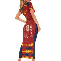 Red long bodycon short-sleeve dress with yellow trim, back 'YOUR TEXT' and question mark