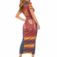 Red long bodycon football dress, short sleeves, Spain crest and patterned graphic at front