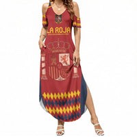 Women's red sleeveless V-neck maxi dress with Spain crest graphic and side slit