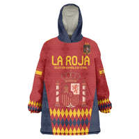 Red and navy Spain blanket hoodie with hood, 'LA ROJA' front graphic and crest