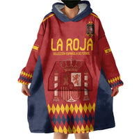 Red and navy Spain blanket hoodie with hood and large 'LA ROJA' front graphic, long sleeves