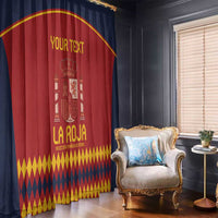 Red Spain football curtain with crown crest, yellow diamond hem, and “YOUR TEXT” on panel