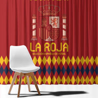 Red Spain football window curtain with crown crest and yellow diamond border, custom text area