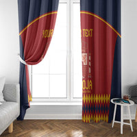 Red Spain football curtain beside window, navy side accents, yellow diamond border, “YOUR TEXT”