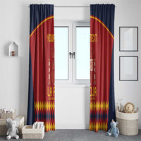 Red-and-navy Spain football curtain set on rods, crown crest, yellow diamond border, “YOUR TEXT”