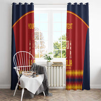 Red Spain football window curtain with crown crest, navy header, yellow diamond border, “YOUR TEXT”