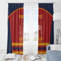 Red Spain football curtain panels with navy sides, crown crest, yellow diamond border, “YOUR TEXT”