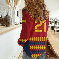 Women's red casual football shirt with large yellow '21' graphic on back