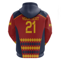 Red zip hoodie with navy hood; back graphic says YOUR NEXT 21 with geometric pattern.