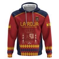 Red zip hoodie with navy hood and Spain crest graphic across front