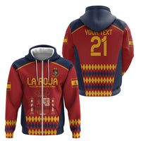 Red Spain zip hoodie with navy hood, full-zip front, crest and player-number graphic