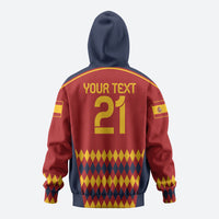 Red zip football hoodie with hood, back graphic '21' and 'YOUR TEXT', Spain flag accents.