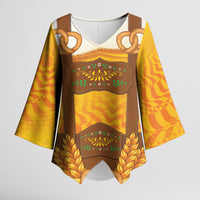 Oktoberfest Lederhosen Pretzel Kimono Sleeve Blouse Bavarian Pattern Foam Beer Style