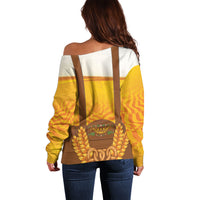 Oktoberfest Lederhosen Pretzel Off Shoulder Sweater Bavarian Pattern Foam Beer Style