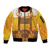 Oktoberfest Lederhosen Pretzel Sleeve Zip Bomber Jacket Bavarian Pattern Foam Beer Style