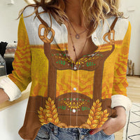 Oktoberfest Lederhosen Pretzel Women Casual Shirt Bavarian Pattern Foam Beer Style