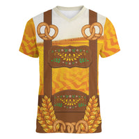 Oktoberfest Lederhosen Pretzel Women V-Neck T-Shirt Bavarian Pattern Foam Beer Style