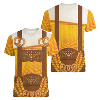 Oktoberfest Lederhosen Pretzel Women V-Neck T-Shirt Bavarian Pattern Foam Beer Style