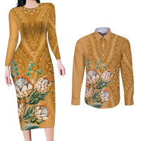 Africa King Proteas Dashiki Motif Couples Matching Long Sleeve Bodycon Dress and Long Sleeve Button Shirt Gold Style LT9 - Wonder Print Shop