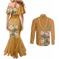 Africa King Proteas Dashiki Motif Couples Matching Mermaid Dress and Long Sleeve Button Shirt Gold Style