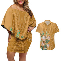 Africa King Proteas Dashiki Motif Couples Matching Off Shoulder Short Dress and Hawaiian Shirt Gold Style LT9 - Wonder Print Shop