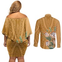 Africa King Proteas Dashiki Motif Couples Matching Off Shoulder Short Dress and Long Sleeve Button Shirt Gold Style LT9 - Wonder Print Shop